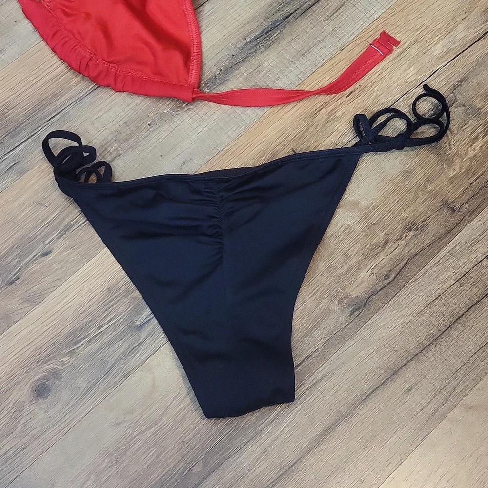 ASOS Black Red Strappy Hook & Eye Triangle Bikini Top & Back Seam String Bottom - Picture 14 of 14